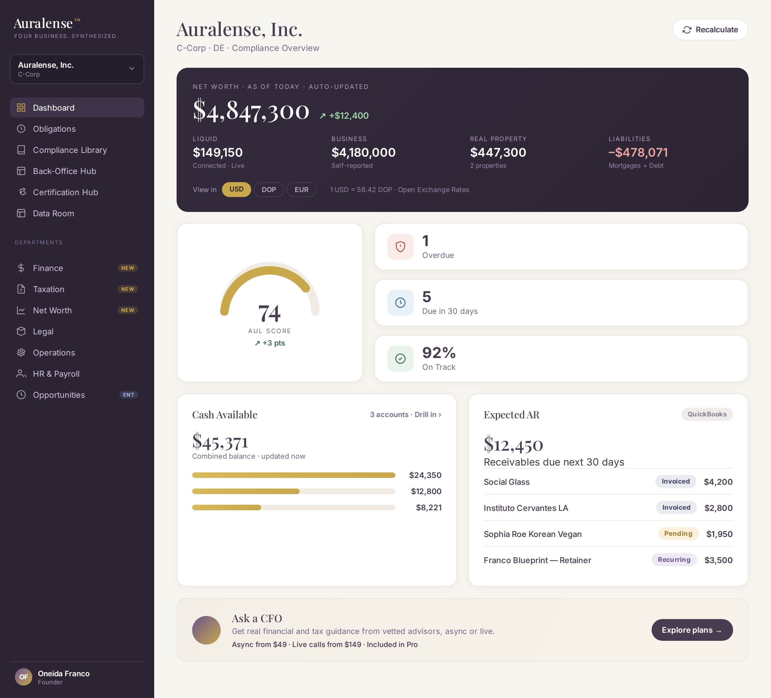 The Auralense dashboard showing net worth, AUL Score, cash available, and expected receivables in one view.
