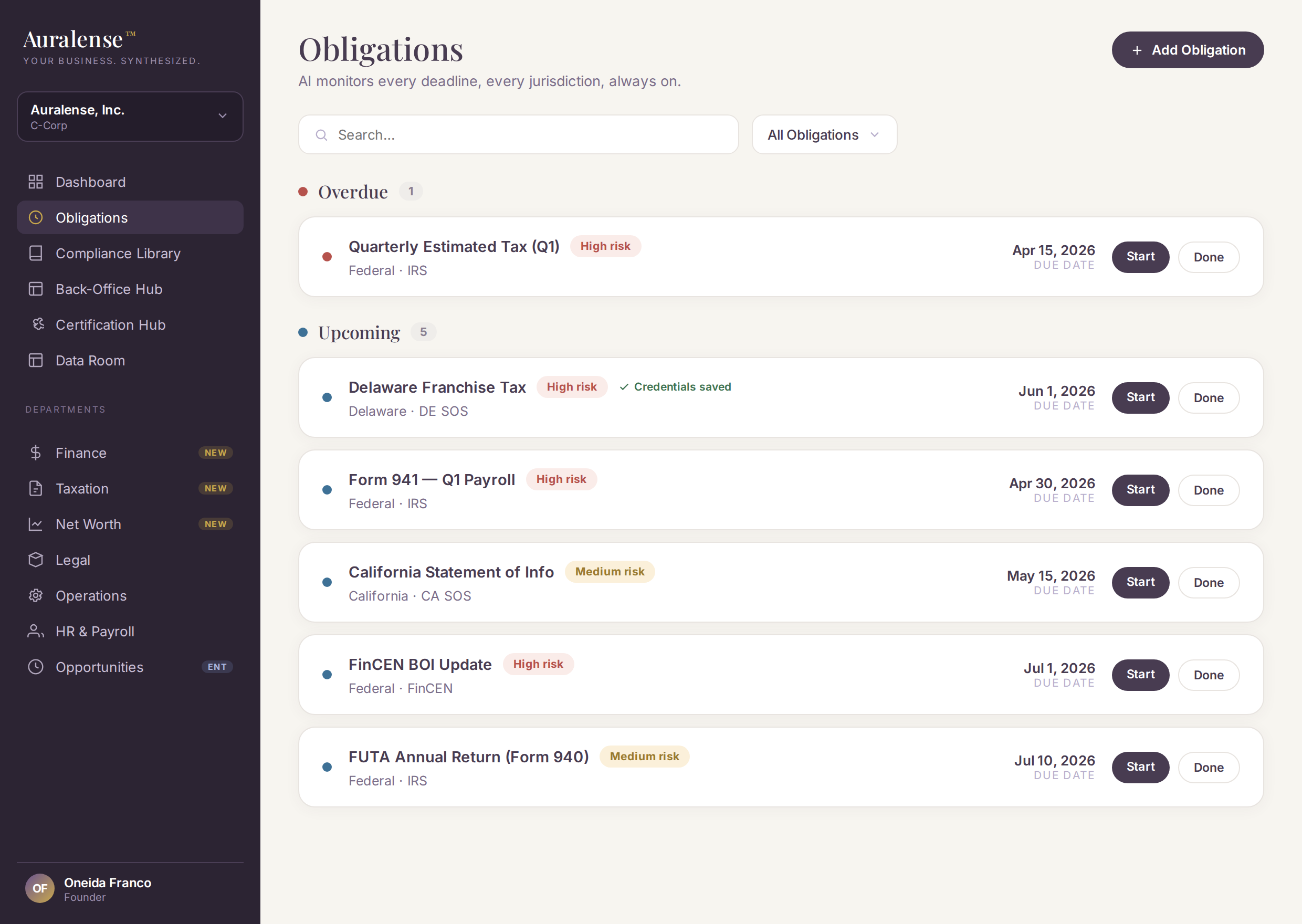 Auralense Obligations screen showing upcoming deadlines, risk-level tags, and action buttons.