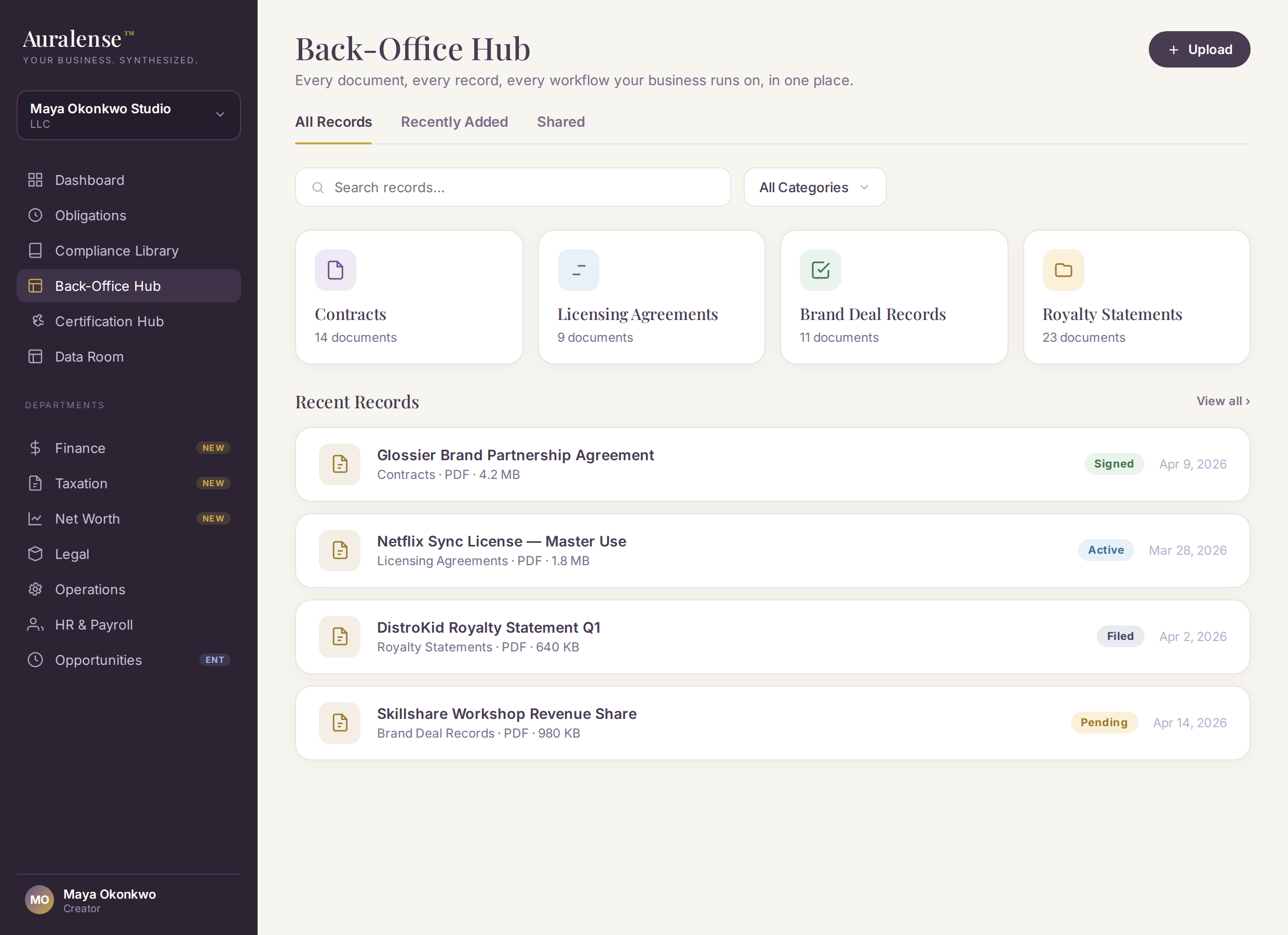 Auralense Back-Office Hub showing documents and records organized and ready.