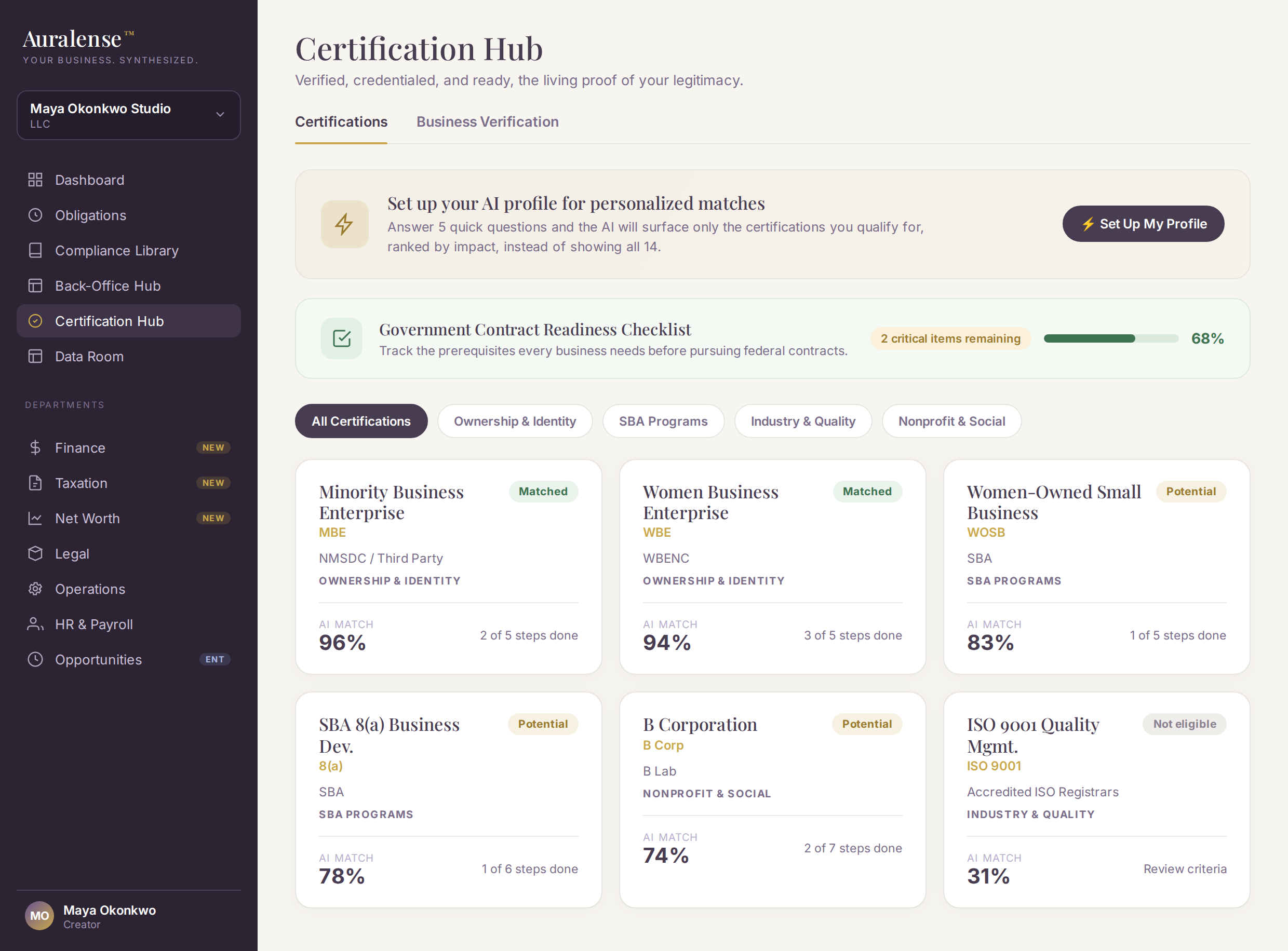 Auralense Certification Hub showing certification cards with eligibility status.