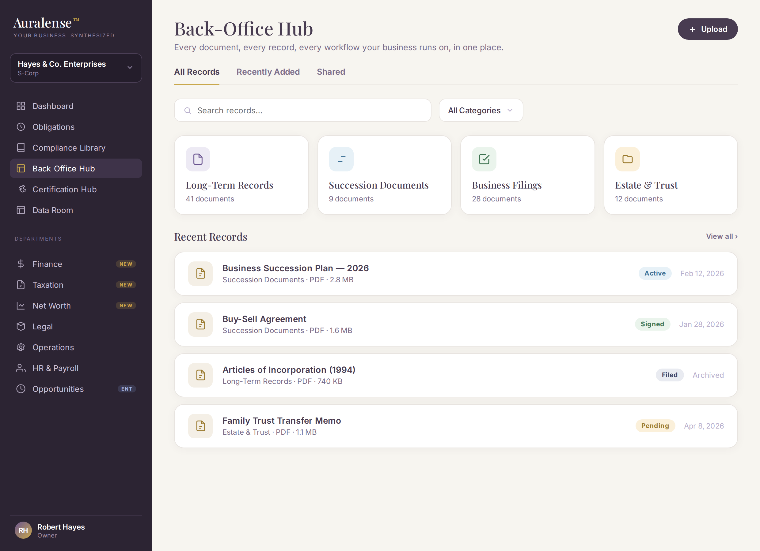 Auralense Back-Office Hub showing documents and records organized and ready.
