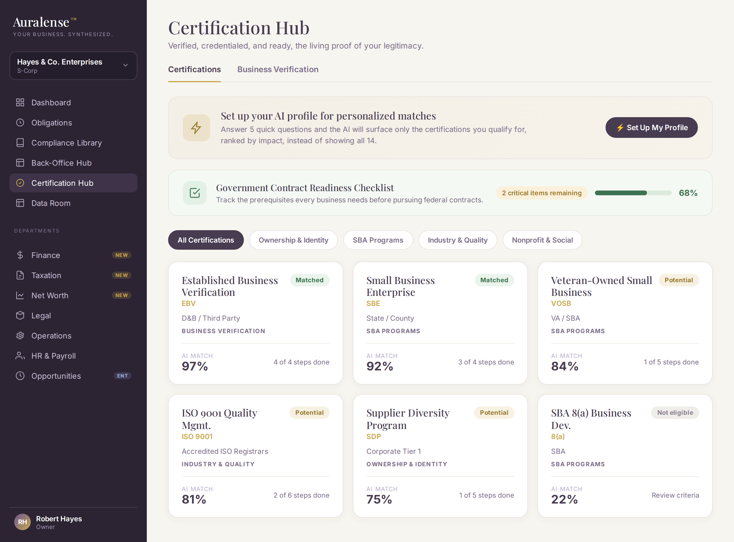Auralense Certification Hub showing certification cards with eligibility status.