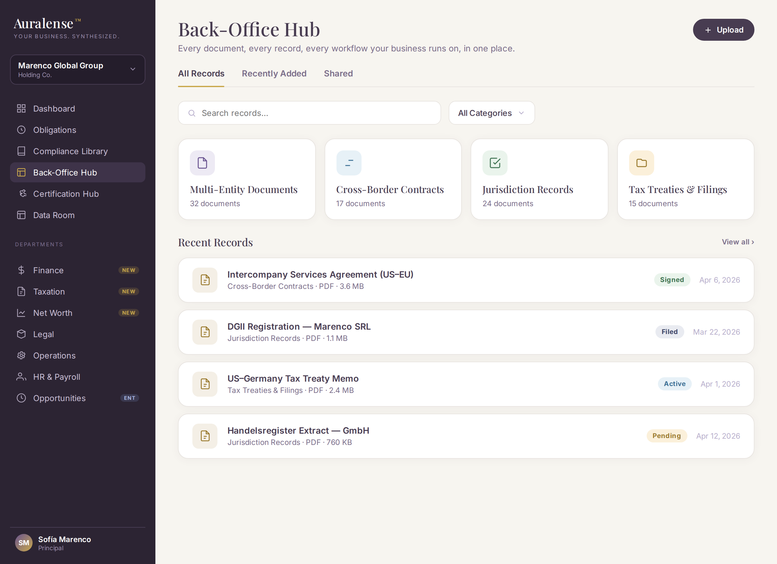 Auralense Back-Office Hub showing documents and records organized and ready.