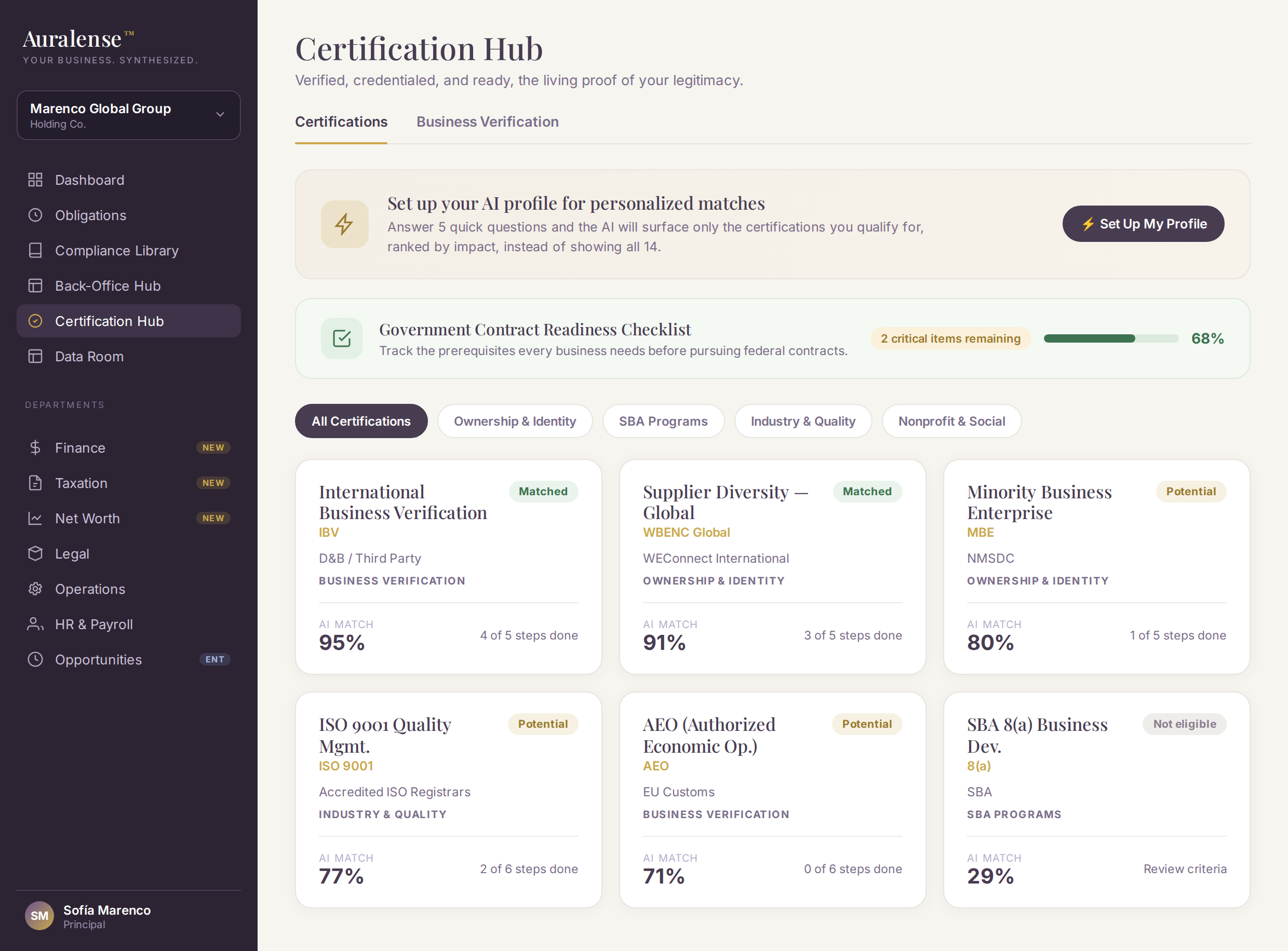 Auralense Certification Hub showing certification cards with eligibility status.