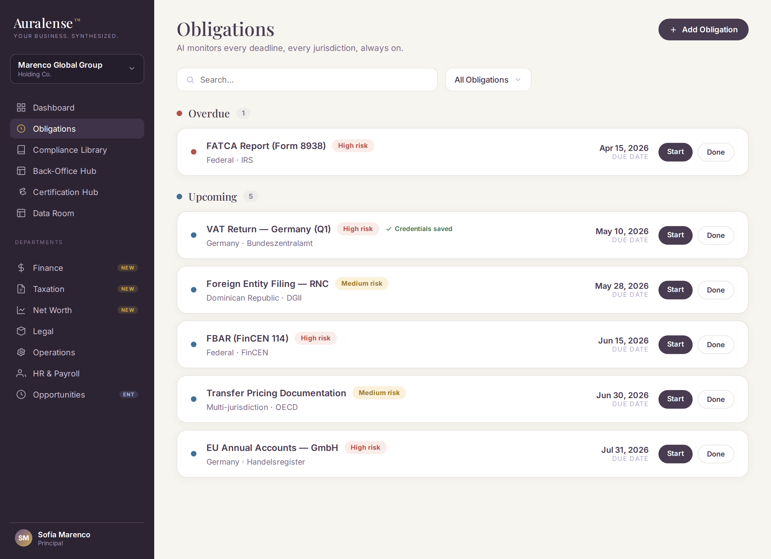 Auralense Obligations screen showing upcoming deadlines sorted by risk level and due date.