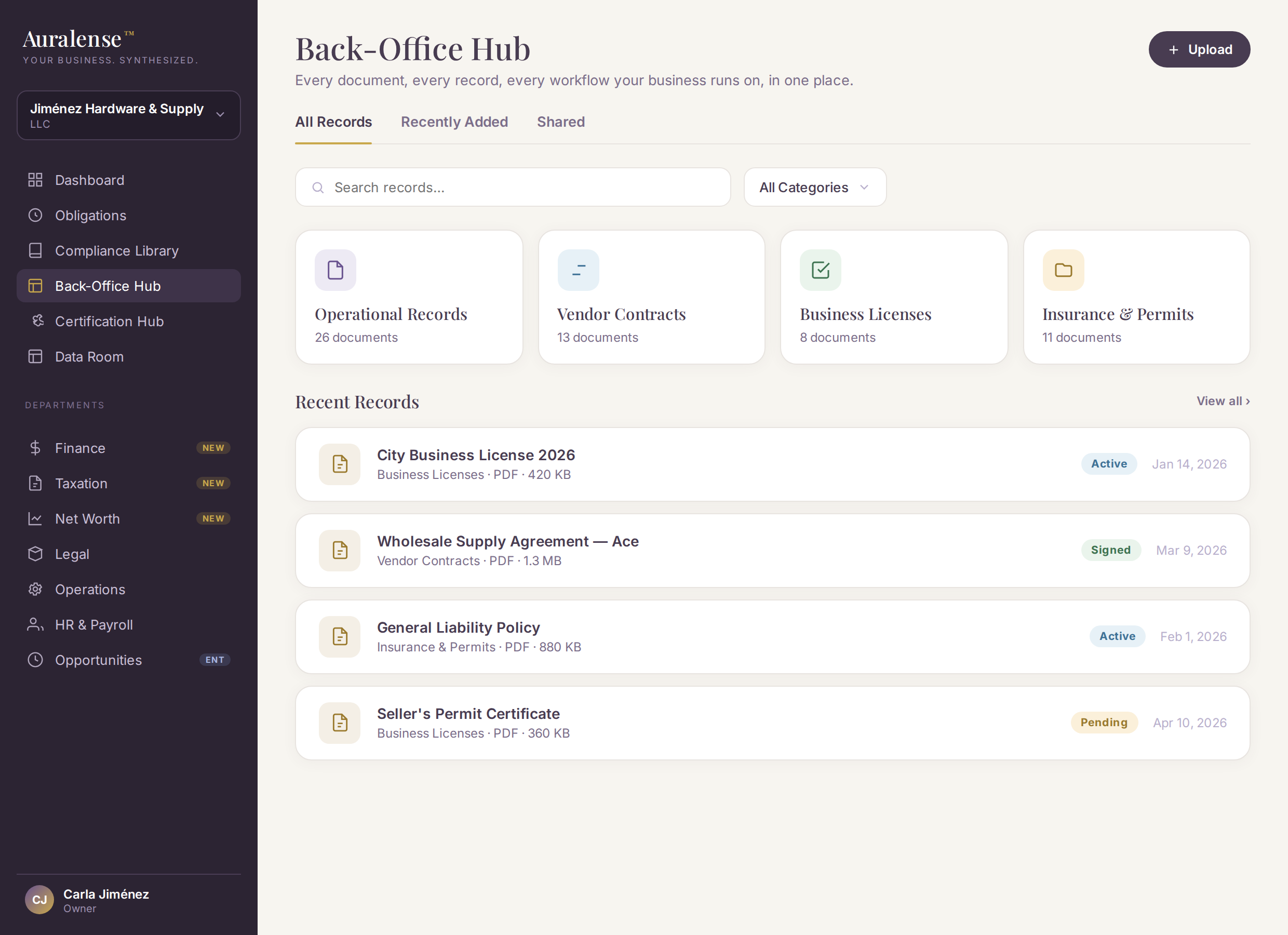 Auralense Back-Office Hub showing documents and records organized and ready.