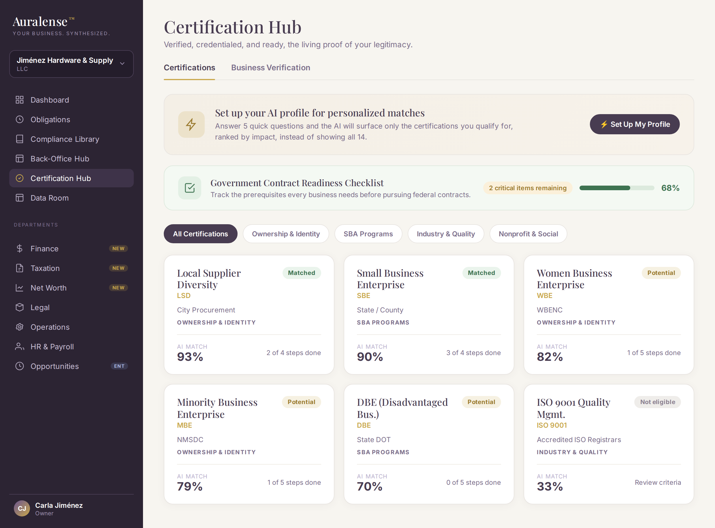 Auralense Certification Hub showing certification cards with eligibility status.