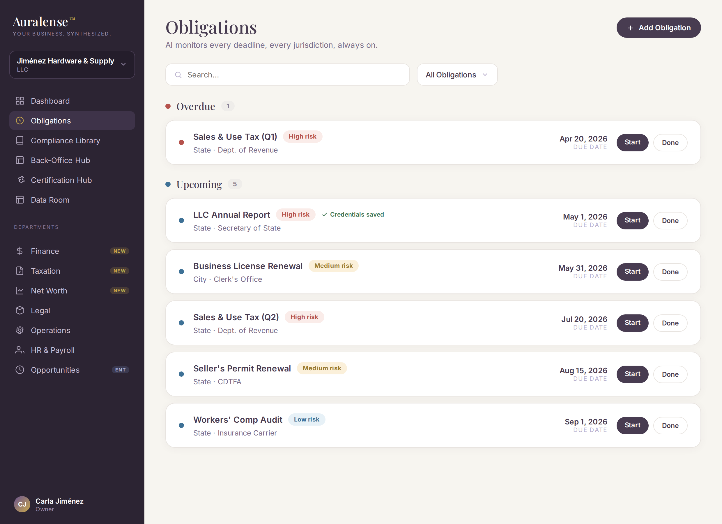 Auralense Obligations screen showing upcoming deadlines sorted by risk level and due date.