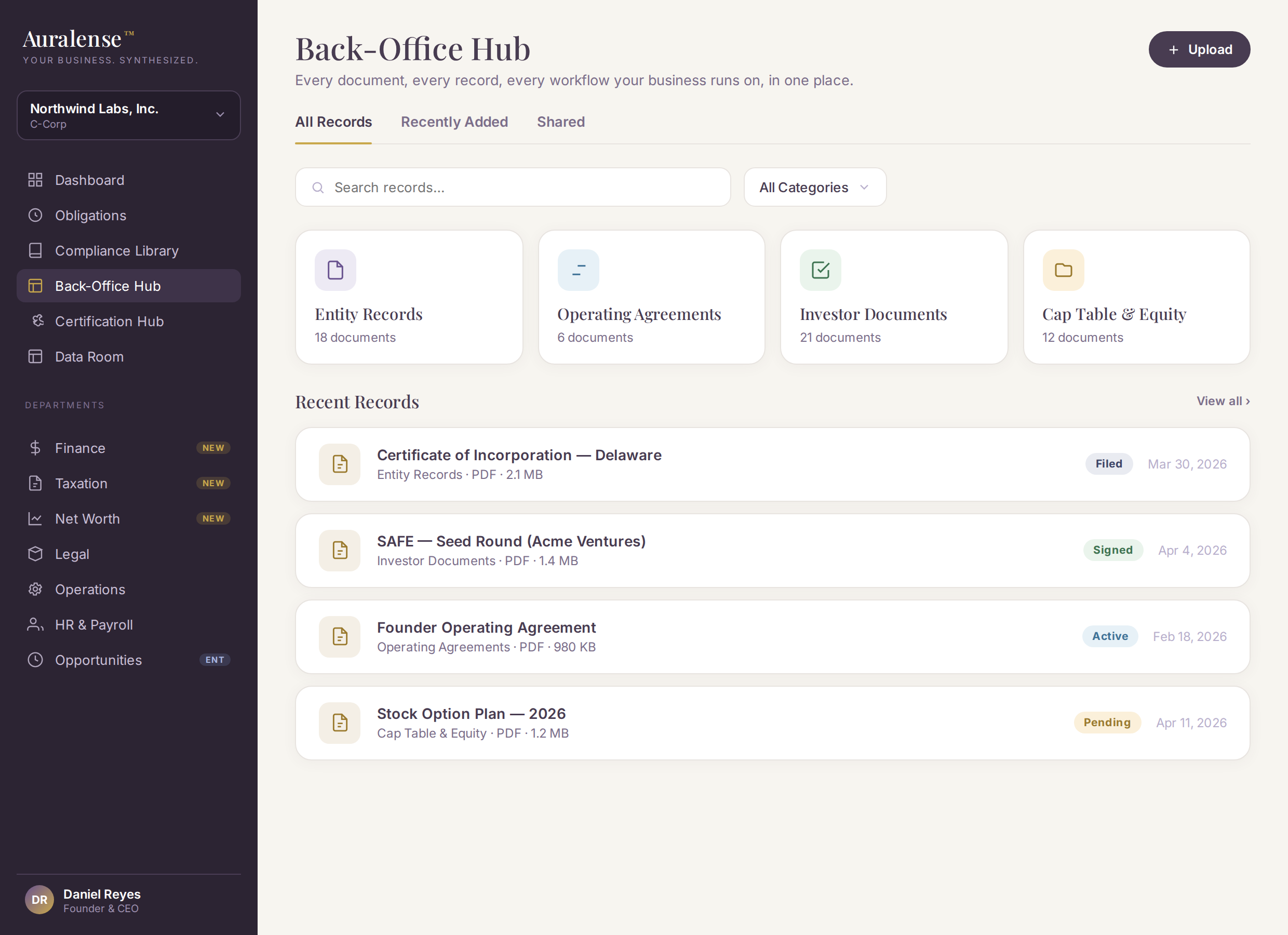 Auralense Back-Office Hub showing documents and records organized and ready.