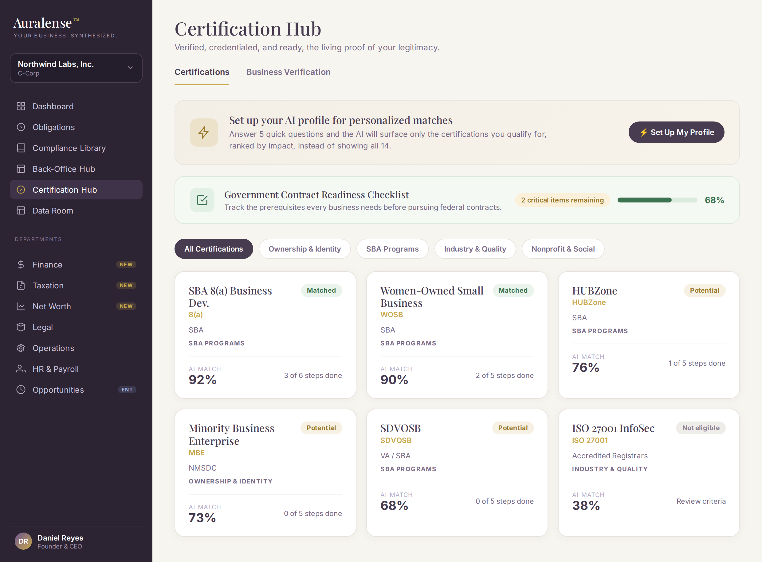 Auralense Certification Hub showing certification cards with eligibility status.