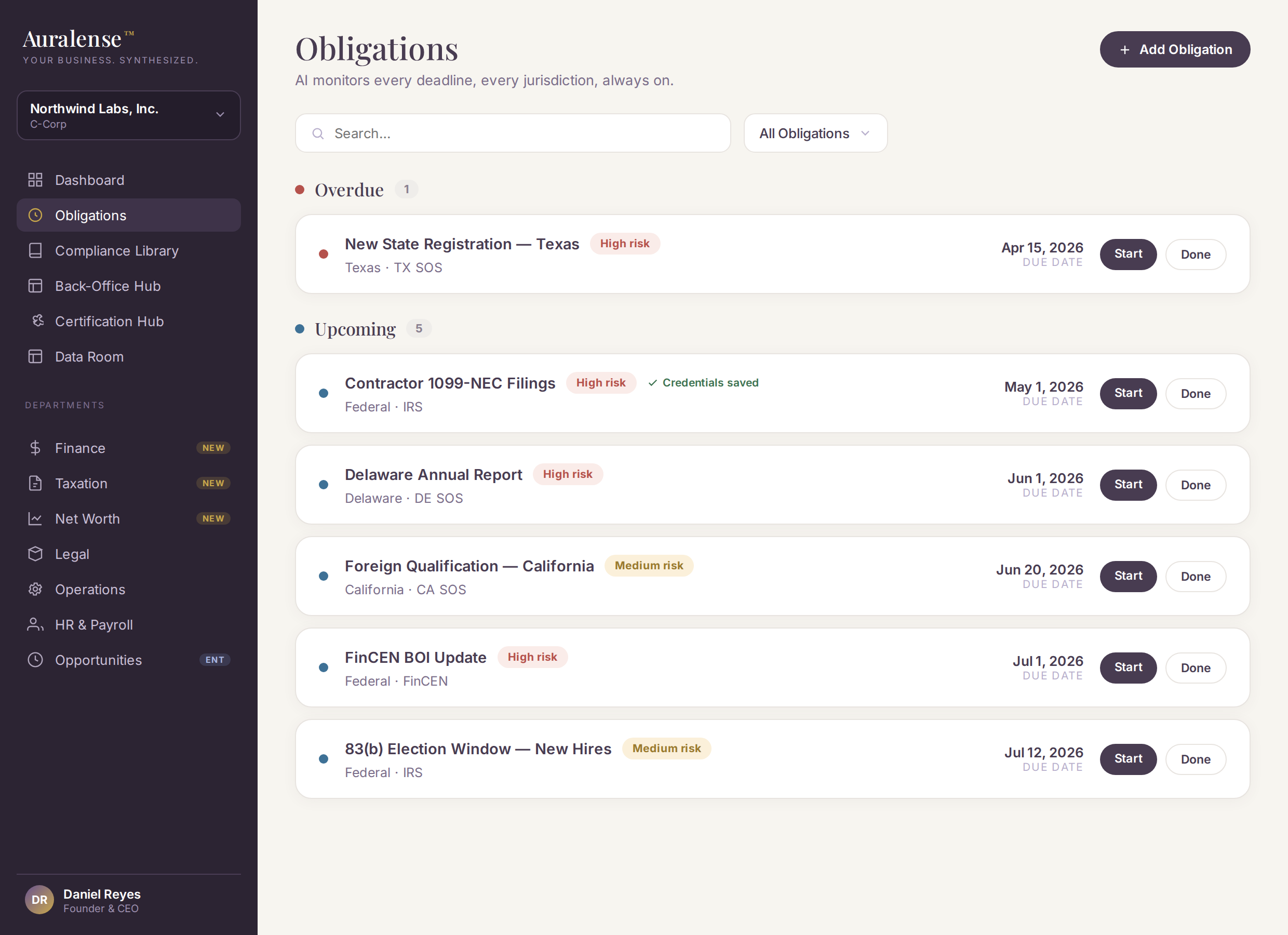 Auralense Obligations screen showing upcoming deadlines sorted by risk level and due date.